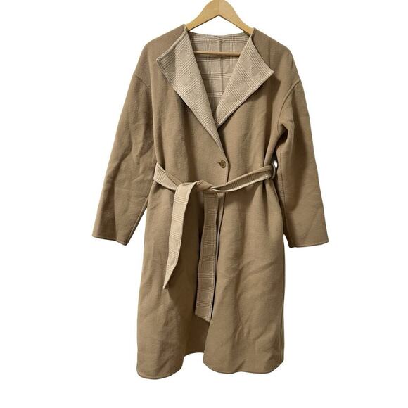 UNIQLO Womens Wool Blend Belted Longline Wrap Coat Size 4 Beige Neutral Capsule - Picture 1 of 6